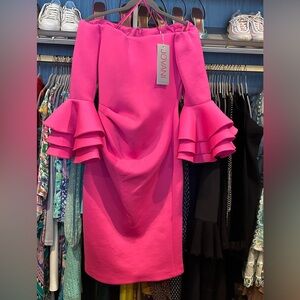 Jovani Fuchsia 3/4 Sleeve Dress with Ruffle Cuffs